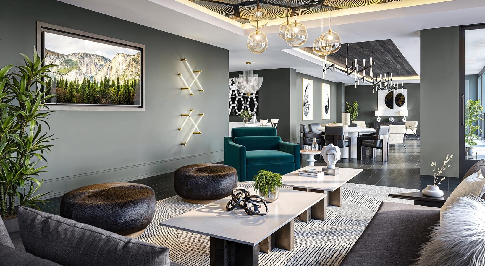 The essence of exceptional living a living room with a chandelier and a couch